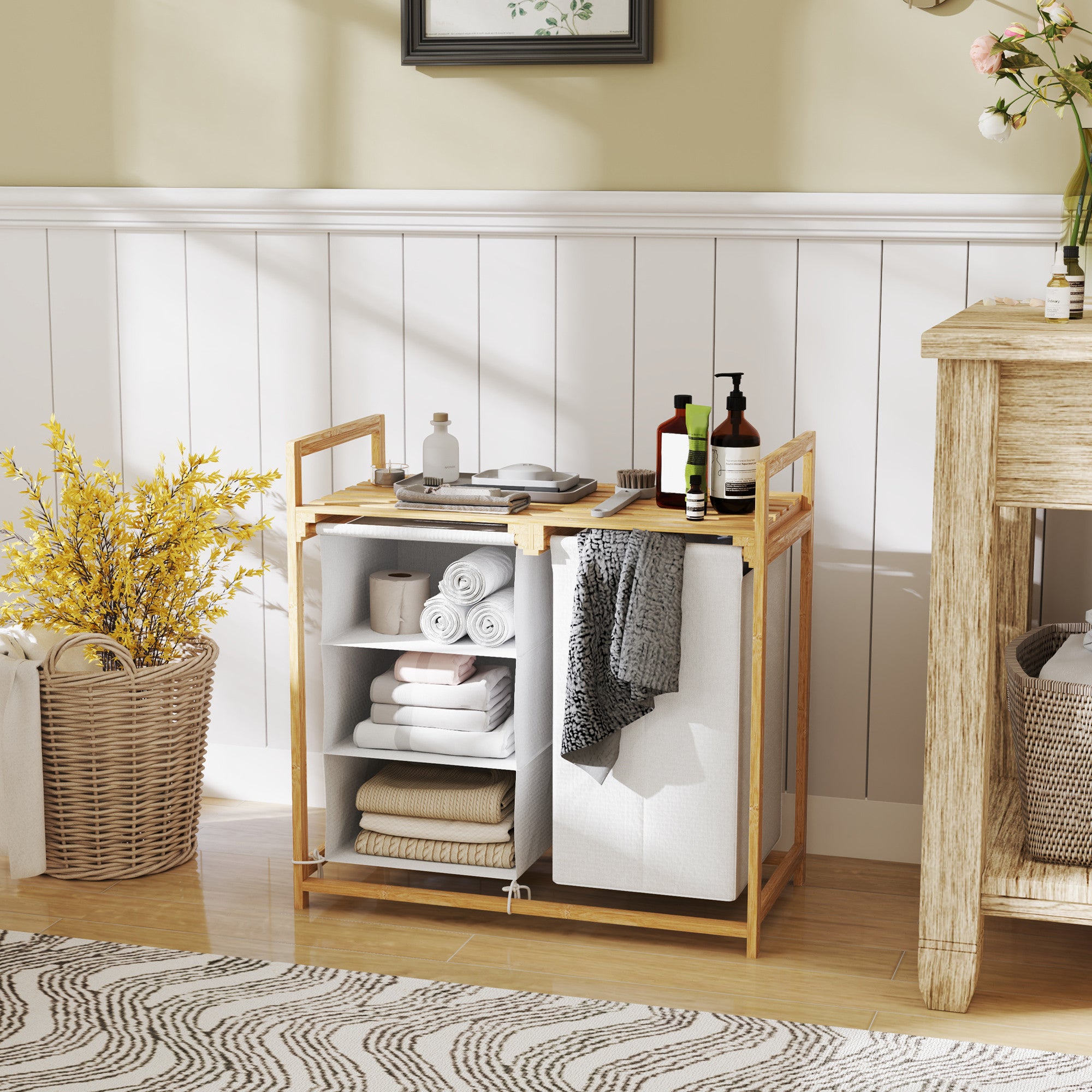 Bambusta valmistettu pyykkikori hyllyllä ja kahdella irrotettavalla korilla – 83 L kapasiteetti, valkoinen/natural