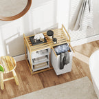 Bambusta valmistettu pyykkikori hyllyllä ja kahdella irrotettavalla korilla – 83 L kapasiteetti, valkoinen/natural