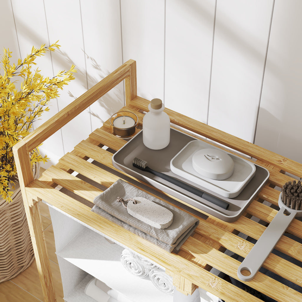 Bambusta valmistettu pyykkikori hyllyllä ja kahdella irrotettavalla korilla – 83 L kapasiteetti, valkoinen/natural