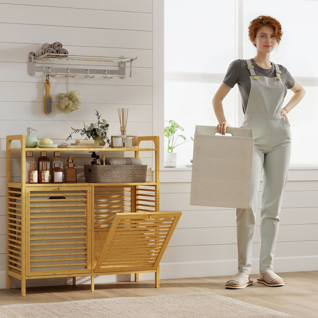 Bambusta valmistettu pyykkikaappi kahdella irrotettavalla korilla ja hyllyillä – luonnollinen, 82 cm