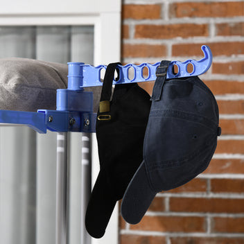 Monitasoinen taitettava vaateteline pyörillä – 4 tasoa, 14 koukkua, 70 kg kantavuus, sininen