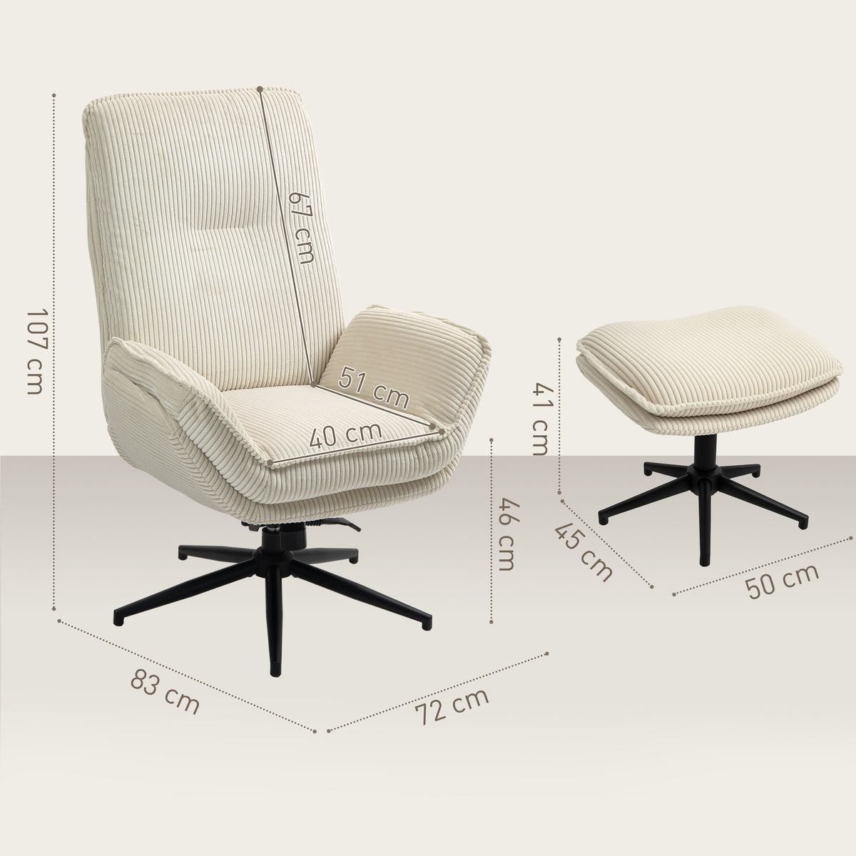 Sammetfåtölj med fotpall – 360° vridbar beige fåtölj