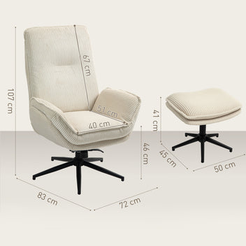 Sammetfåtölj med fotpall – 360° vridbar beige fåtölj