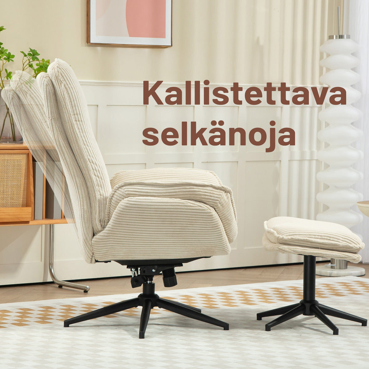Sammetfåtölj med fotpall – 360° vridbar beige fåtölj