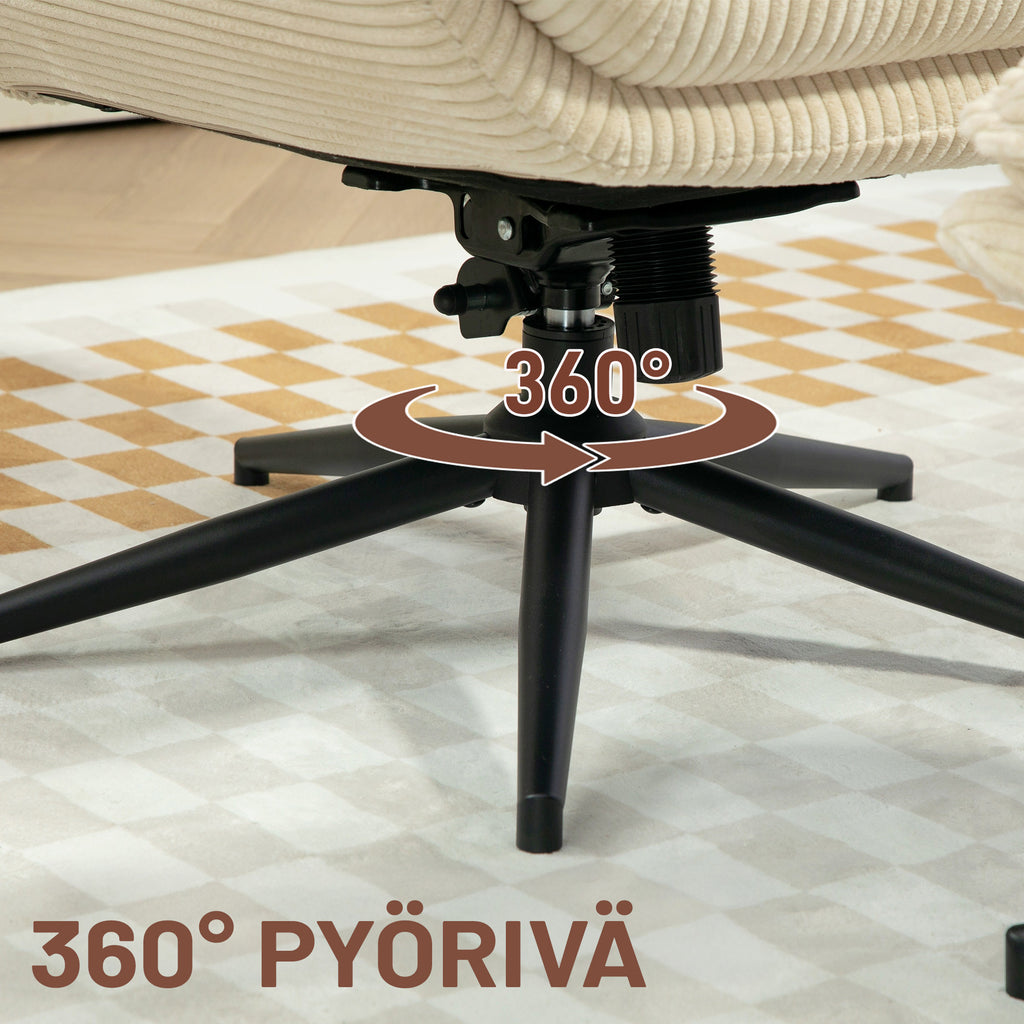 Vakosamettinen nojatuoli jalkarahilla – 360° kääntyvä beige lepotuoli
