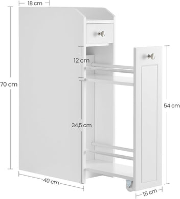 VASAGLE Smalt badrumsskåp – förvaringsskåp med 4 hyllor, utdragbar låda, MDF, vit, 40 x 18 x 70 cm