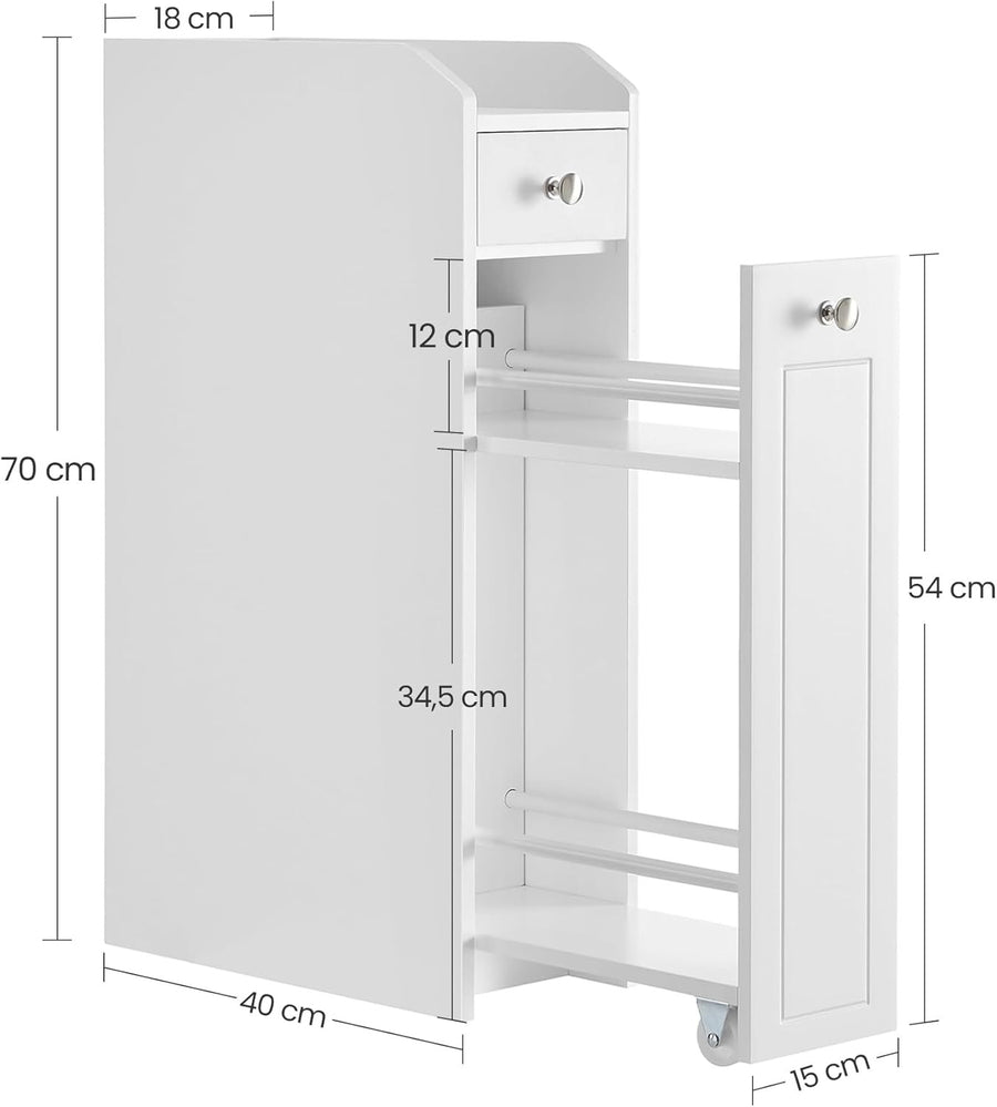 VASAGLE Smalt badrumsskåp – förvaringsskåp med 4 hyllor, utdragbar låda, MDF, vit, 40 x 18 x 70 cm