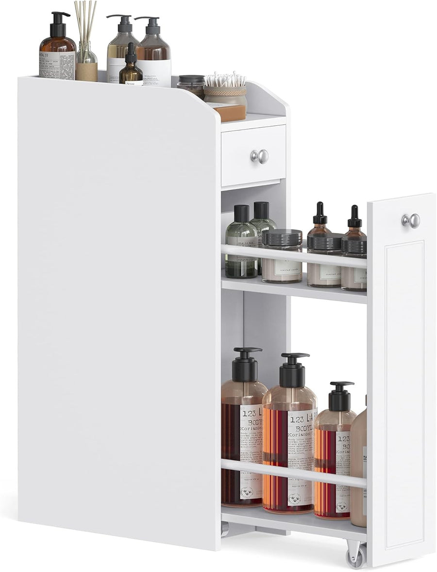 VASAGLE Smalt badrumsskåp – förvaringsskåp med 4 hyllor, utdragbar låda, MDF, vit, 40 x 18 x 70 cm
