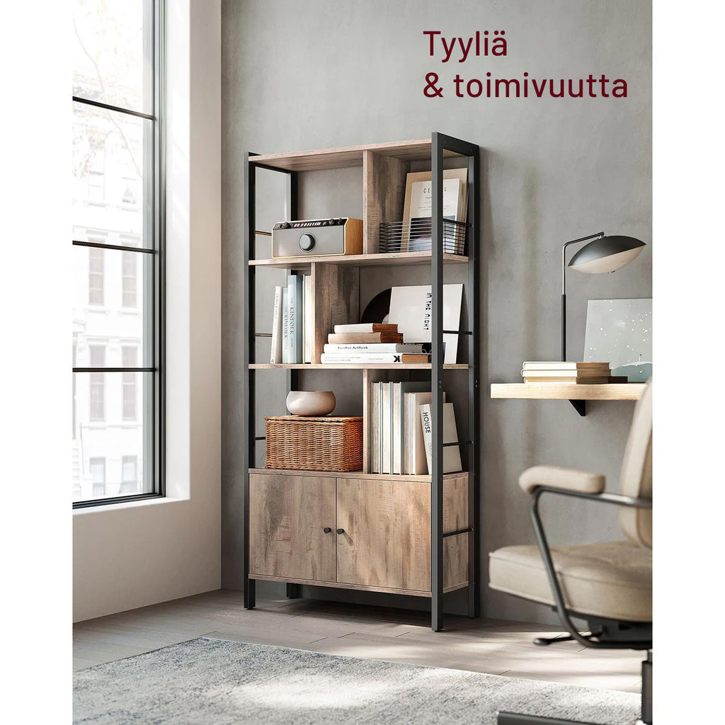 VASAGLE kirjahylly ovellisella kaapilla – paahdettua tammea ja mustaa terästä, portaittainen design