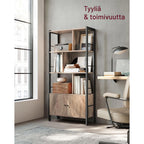 VASAGLE kirjahylly ovellisella kaapilla – paahdettua tammea ja mustaa terästä, portaittainen design