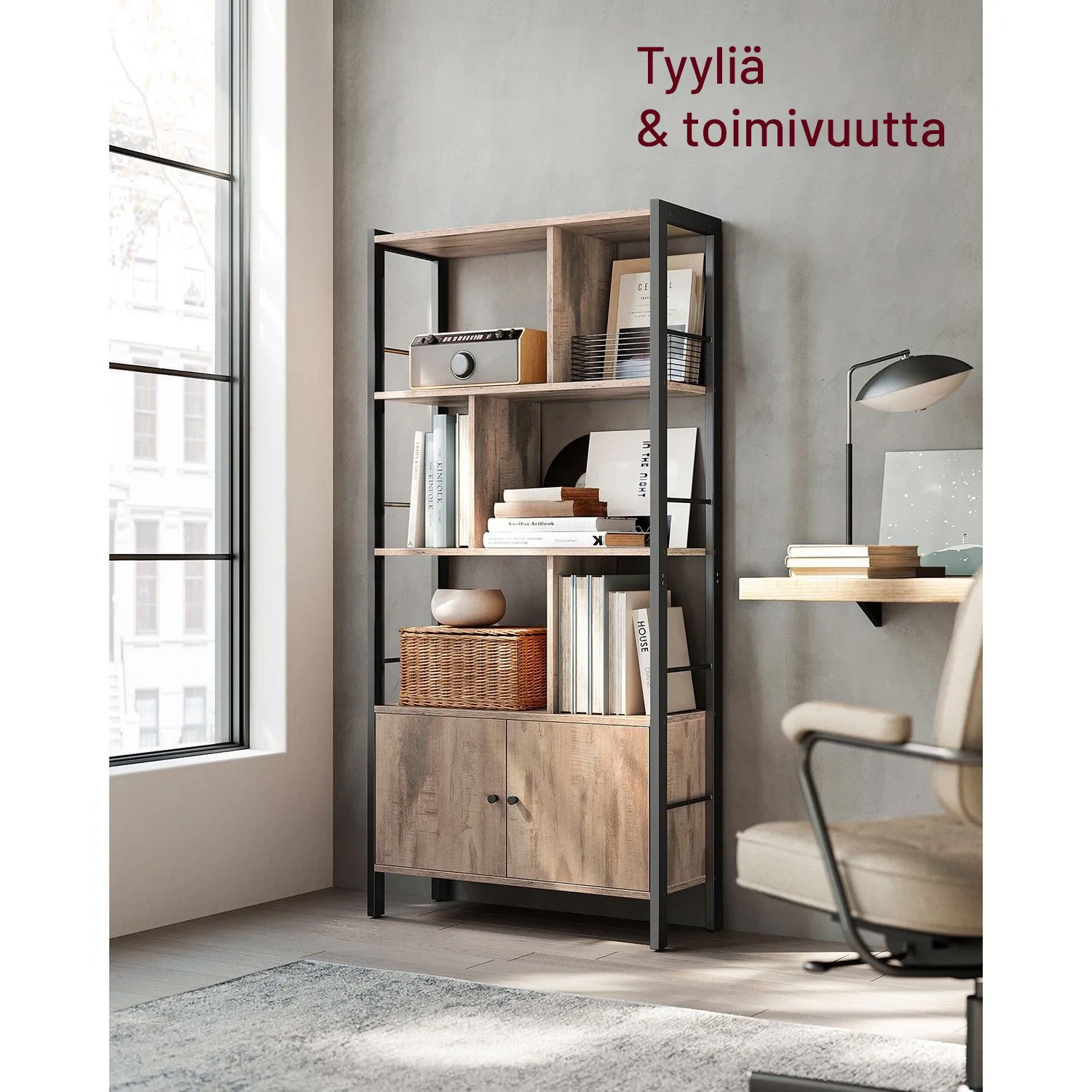 VASAGLE kirjahylly ovellisella kaapilla – paahdettua tammea ja mustaa terästä, portaittainen design