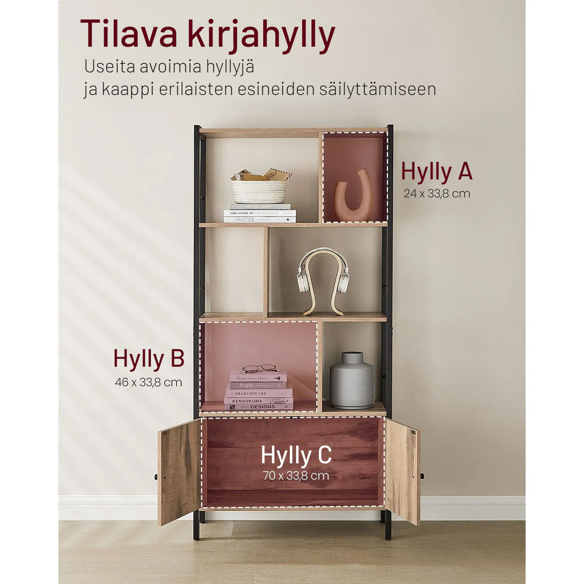 VASAGLE kirjahylly ovellisella kaapilla – paahdettua tammea ja mustaa terästä, portaittainen design