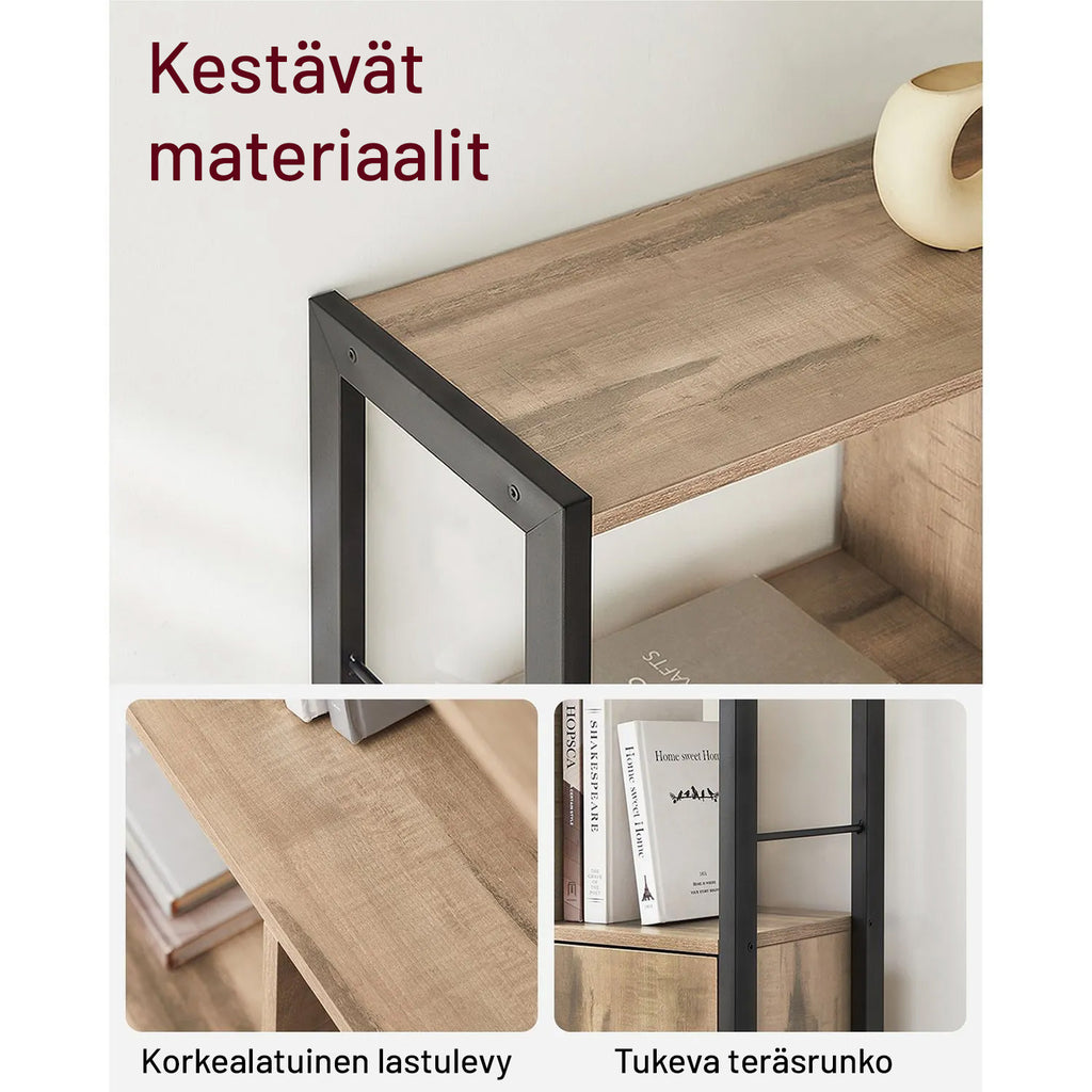 VASAGLE kirjahylly ovellisella kaapilla – paahdettua tammea ja mustaa terästä, portaittainen design