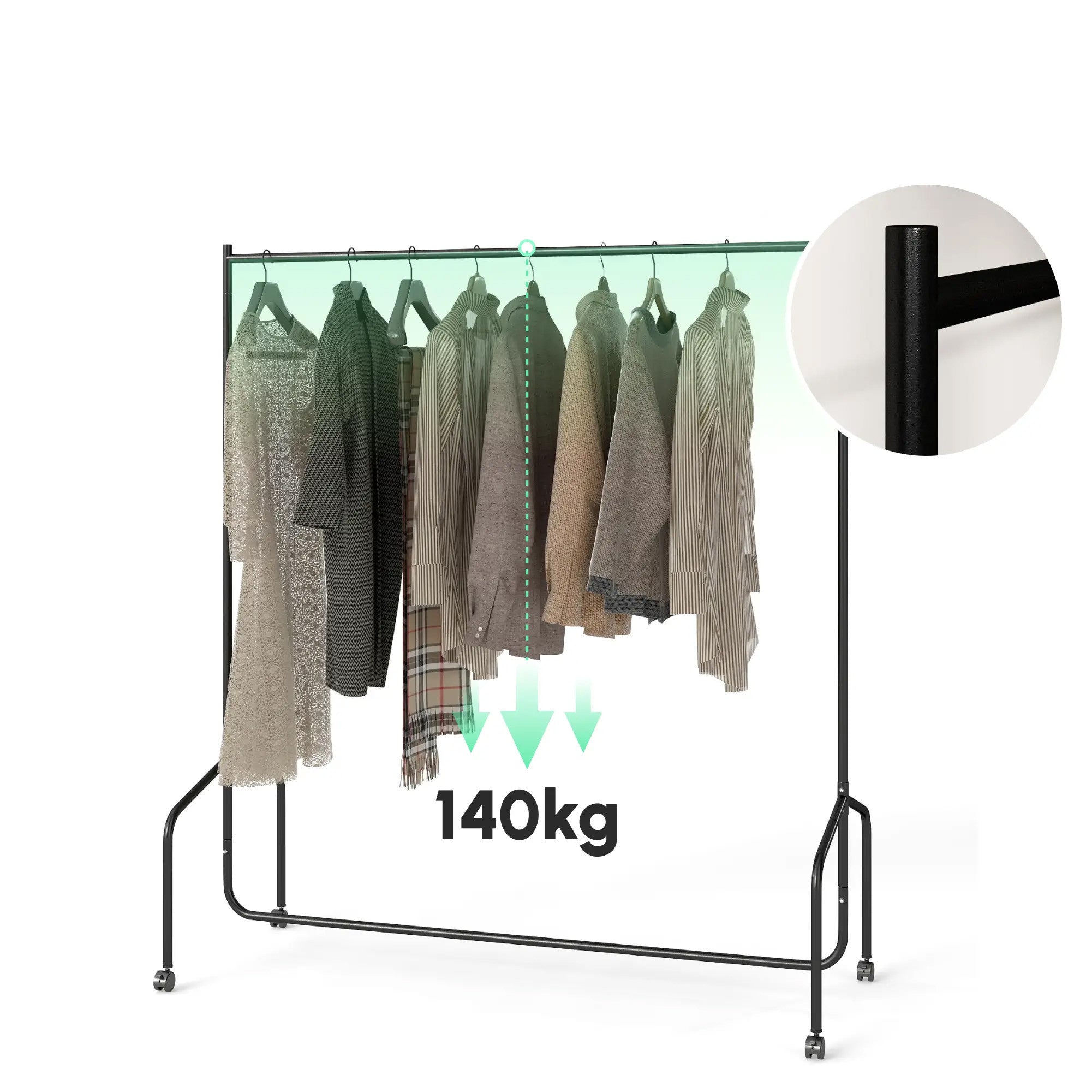 Metallinen vaaterekki pyörillä, max.140 kg – moderni ja tukeva vaateteline kotiin ja liikkeeseen
