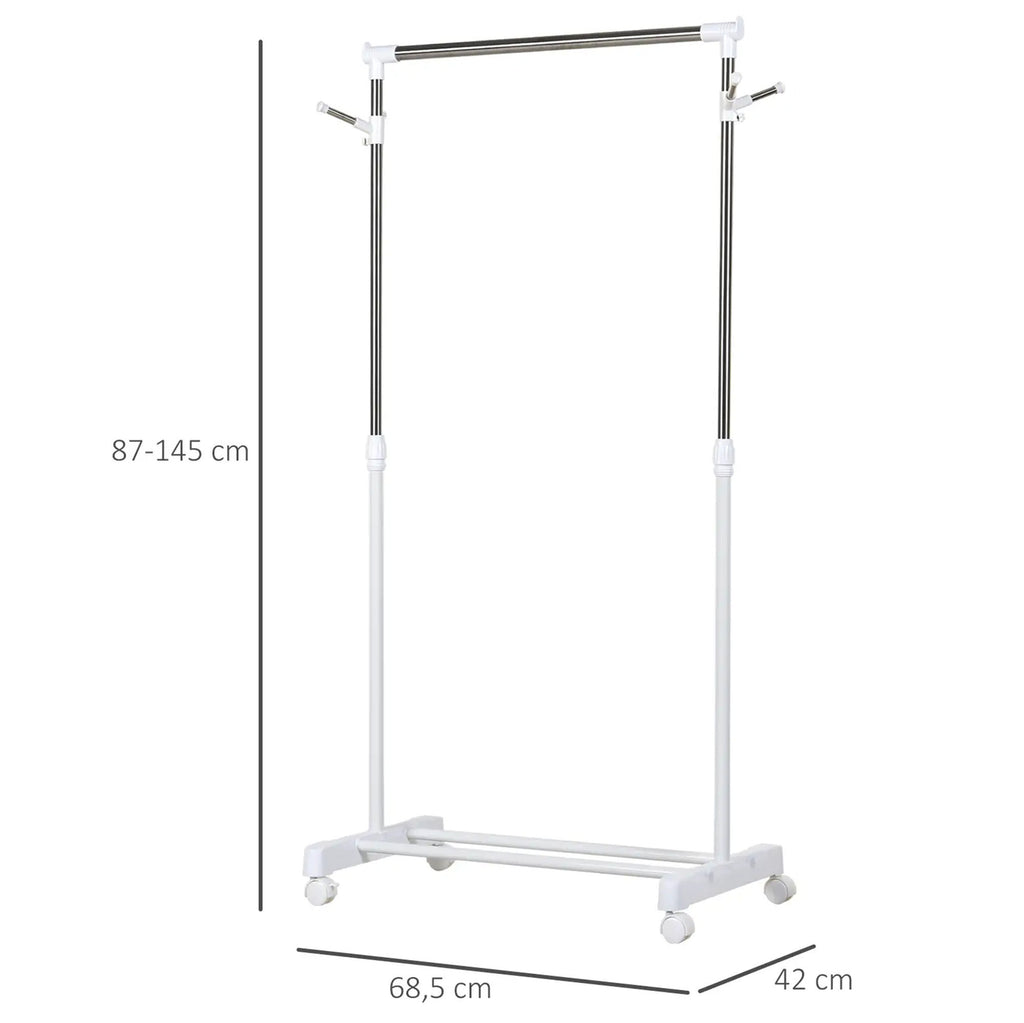 Säädettävä vaaterekki pyörillä – siirrettävä metallinen vaateteline alaosanhyllyllä kotiin ja myymälään (87–145 cm)