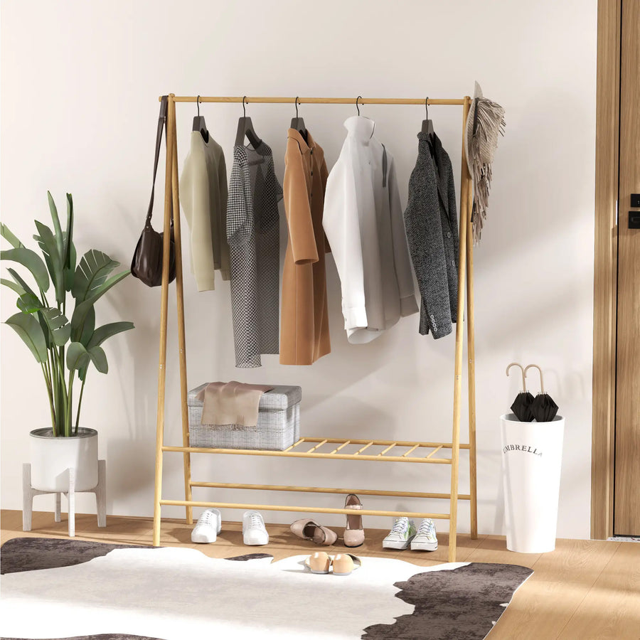 Bambu vaaterekki hyllyllä – tyylikäs ja kestävä vaateteline eteiseen ja makuuhuoneeseen (116x43,5x160 cm)