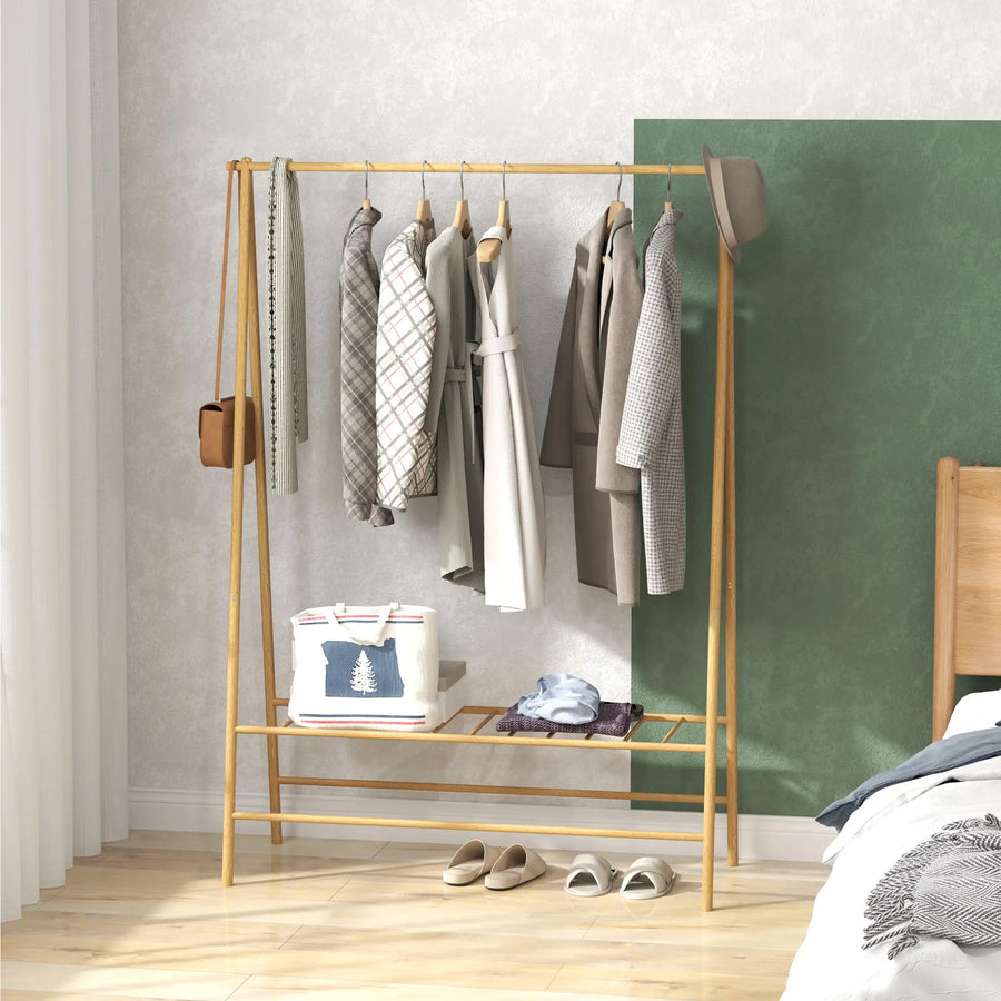Bambu vaaterekki hyllyllä – tyylikäs ja kestävä vaateteline eteiseen ja makuuhuoneeseen (116x43,5x160 cm)