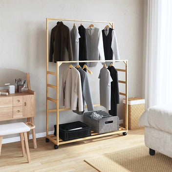 Klädställning med hyllor och hjul 90x35x155 cm bambu