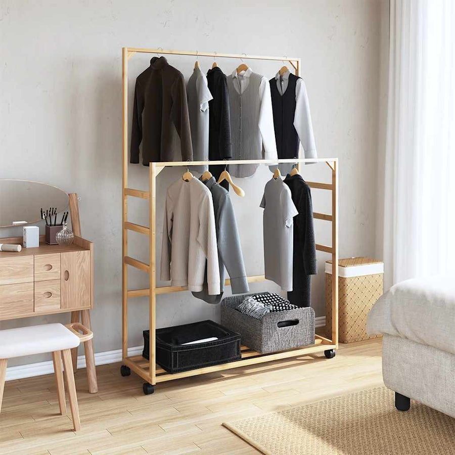 Klädställning med hyllor och hjul 90x35x155 cm bambu