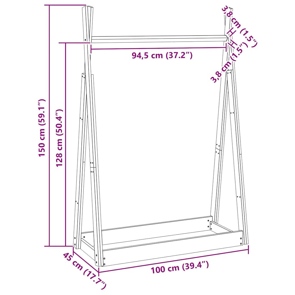 Vaateteline valkoinen 100x45x150 cm täysi mänty