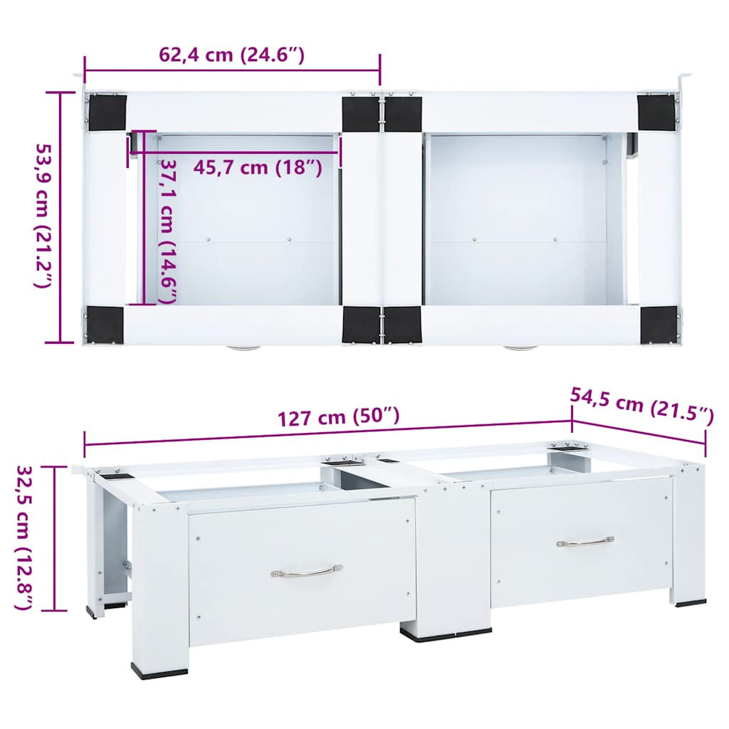 Kaksoispyykinpesukoneen jalusta laatikoilla valkoinen