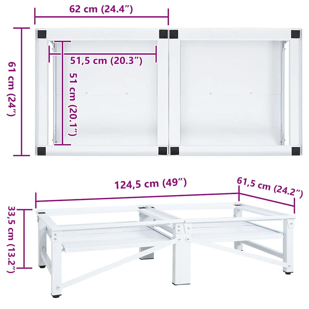 Pesukoneen ja kuivausrummun korokejalusta hyllyillä valkoinen