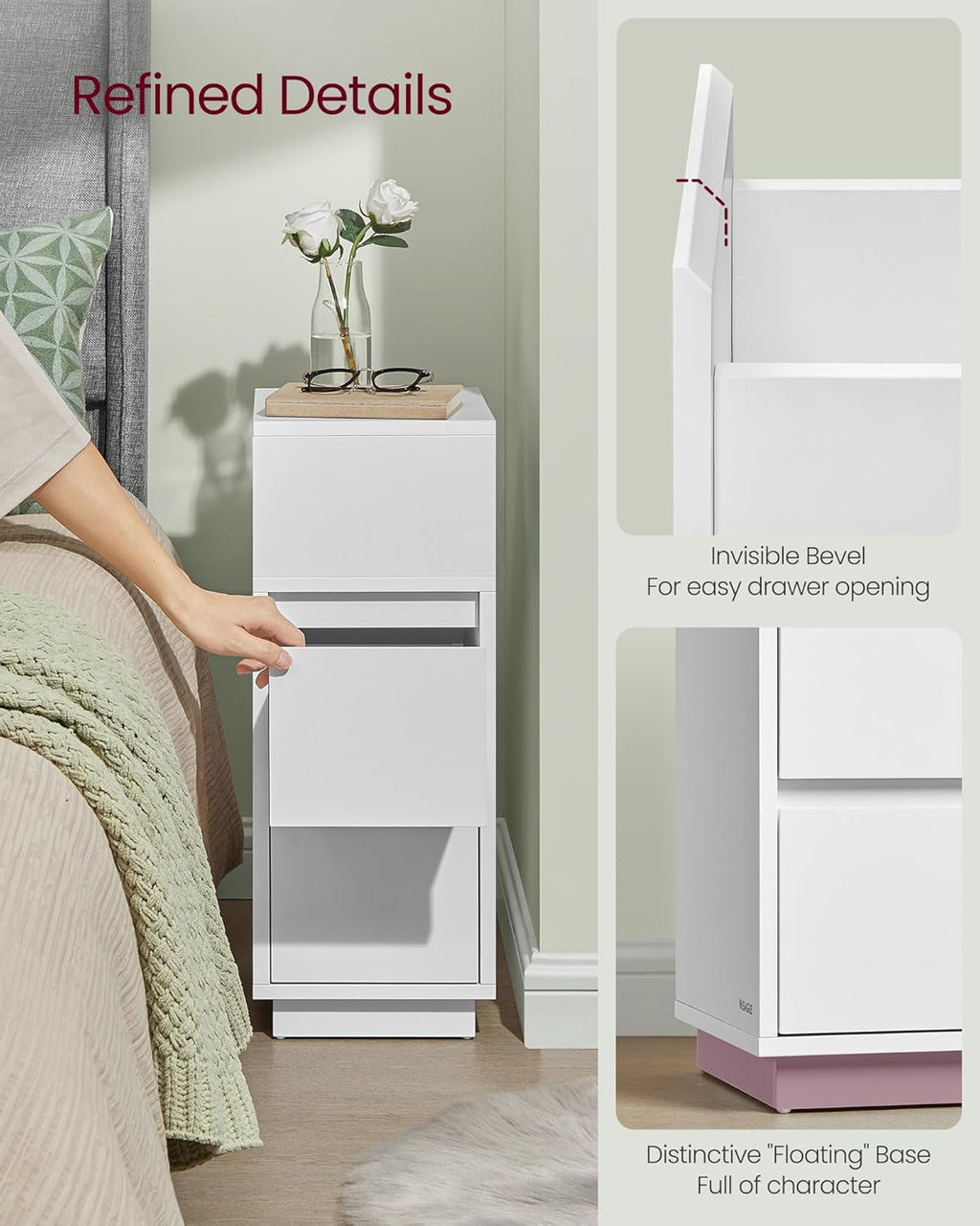 VASAGLE 2 kpl kapea yöpöytä 2 laatikolla – tilaa säästävä ja tyylikäs sivupöytä pieniin tiloihin 30x25x65 cm (2 kpl)