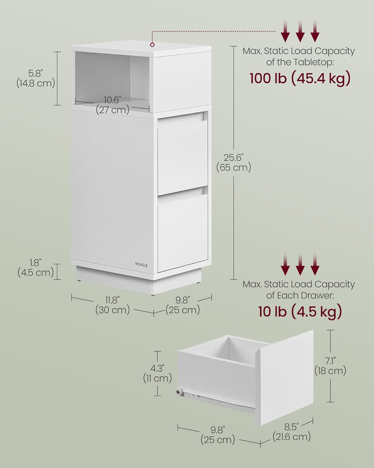 VASAGLE 2 smala sängbord med 2 lådor – platsbesparande och snygga sidobord för små utrymmen 30x25x65 cm (2 st)