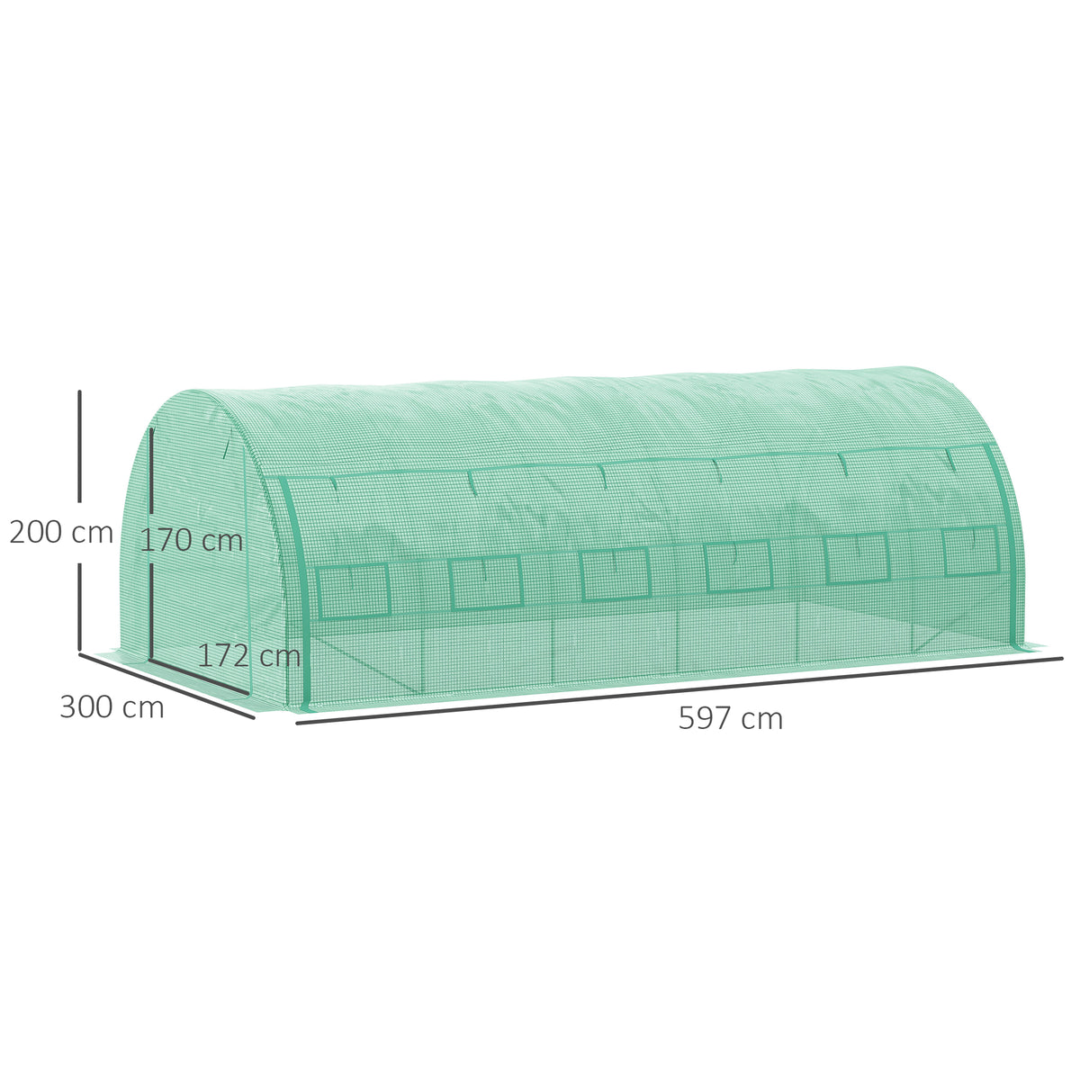 Iso tunnelikasvihuone rullattavilla sivuilla ja 12 ikkunalla, 6 x 3 x 2 m, vihreä