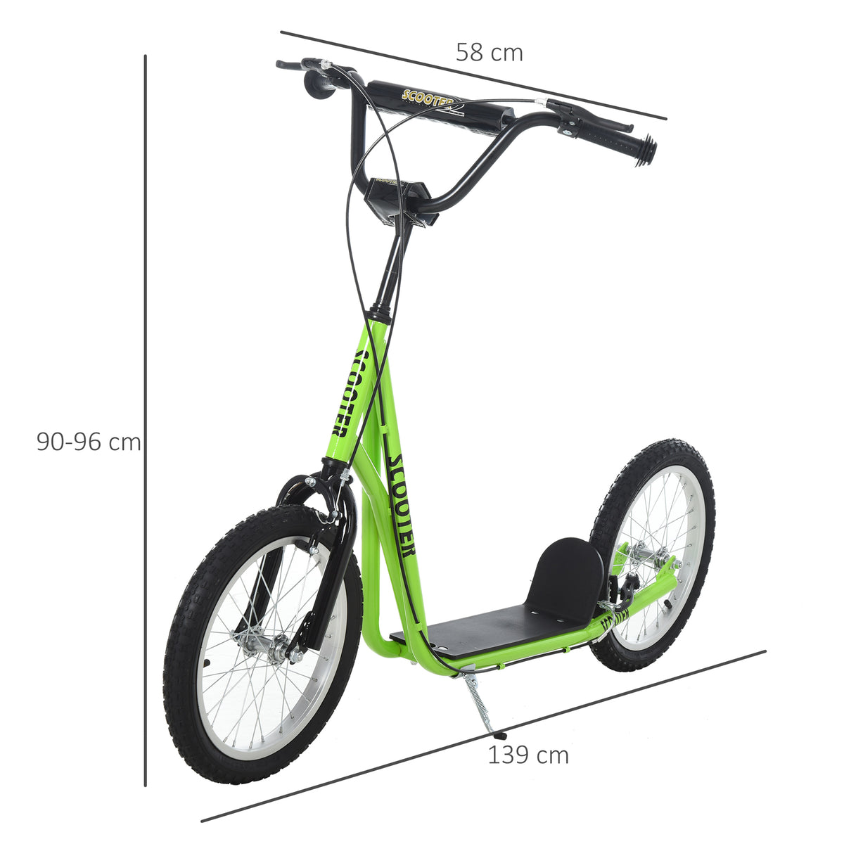 Potkulauta isoilla ilmarenkailla, käsijarru ja takajarru, säädettävä 90–96 cm, 5 v+, vihreä