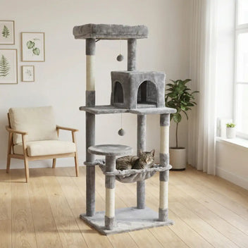 Kattklösbräda 143 cm – gömställe, hängmatta, ljusgrå