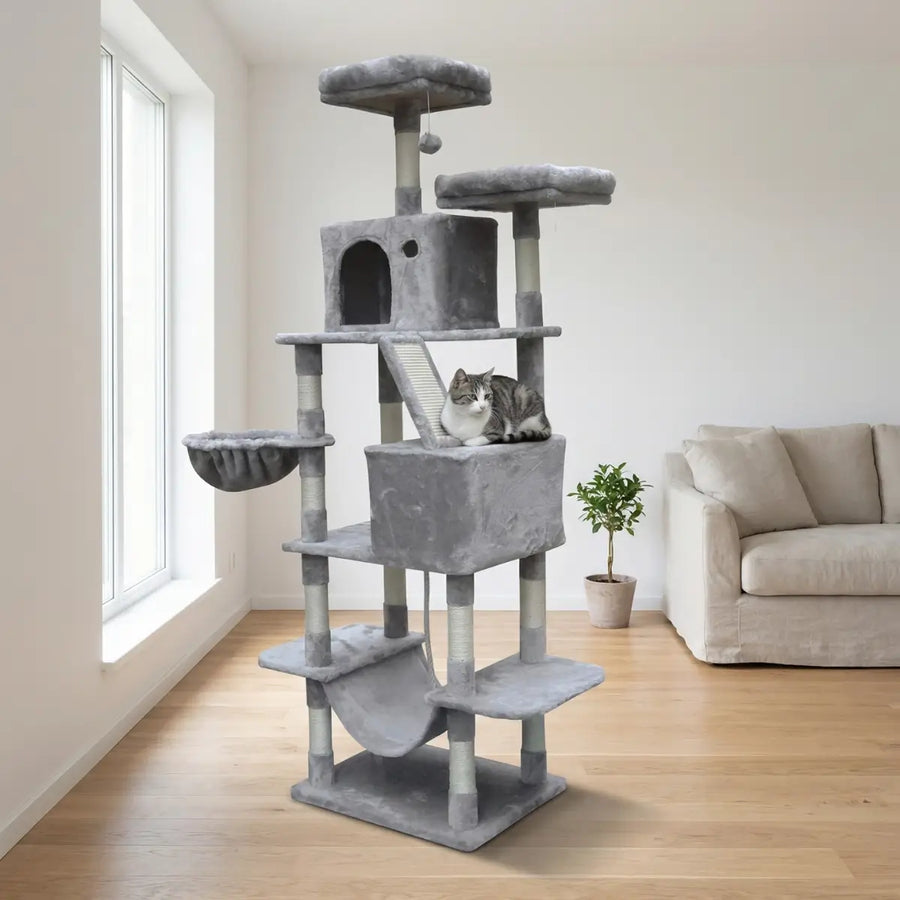 Kattklätterträd 206 cm – 2 koppar, 2 hängmattor, 6 nivåer