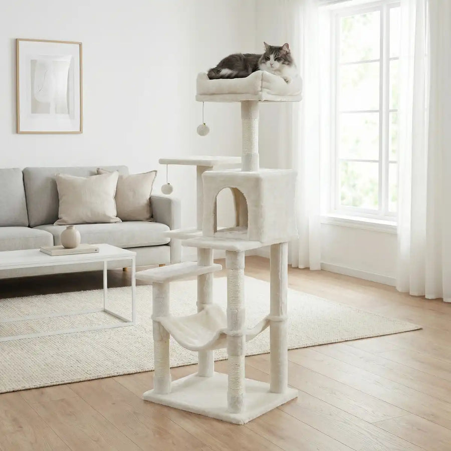 Kattklösbräda 143 cm – hus, övre bädd, sisalstolpar, beige
