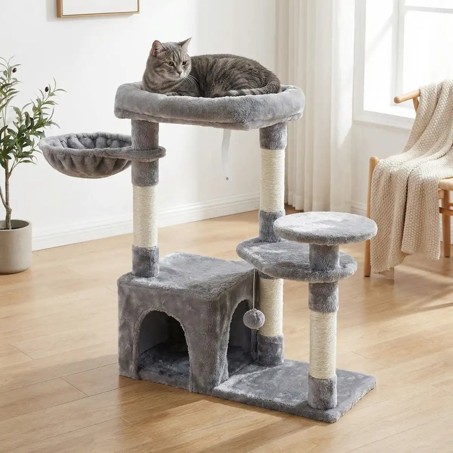 Kattklätterträd 83 cm – grotta, 3 klättryta, 65 x 30 cm