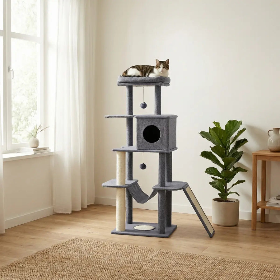 Kattklösbräda 138 cm – 6 nivåer, hängmatta, stuga, grå