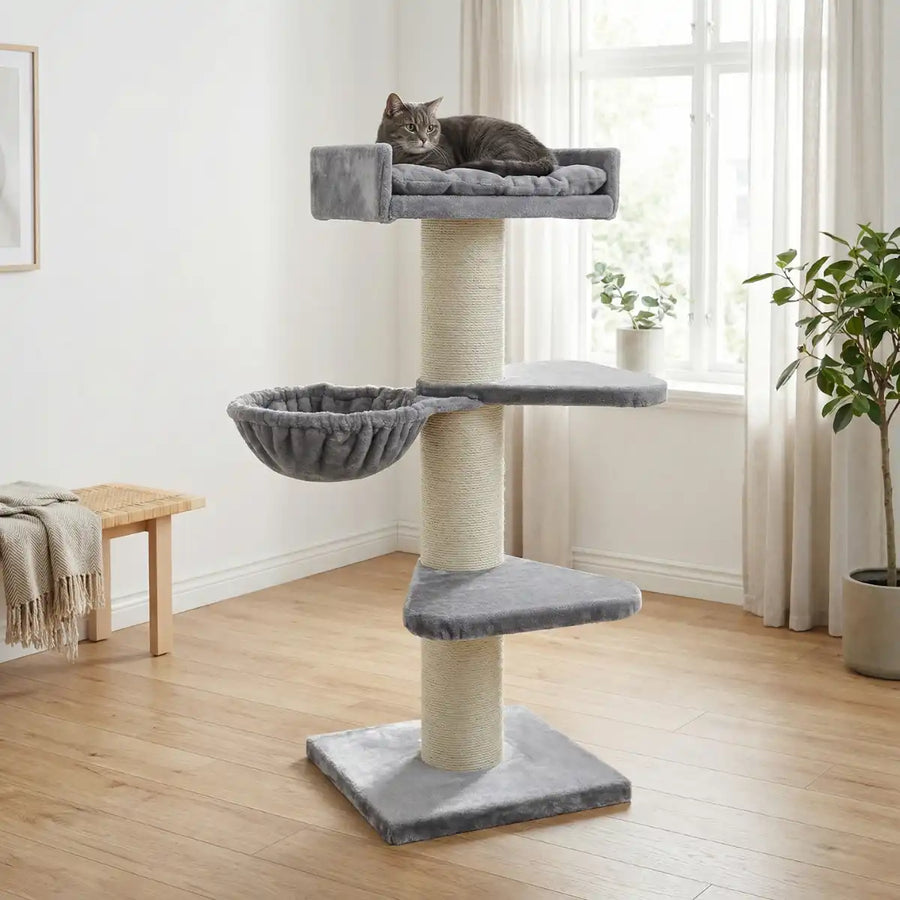 Klösbräda för stora katter 155 cm – 20 cm stolpe, hängmatta, ljusgrå