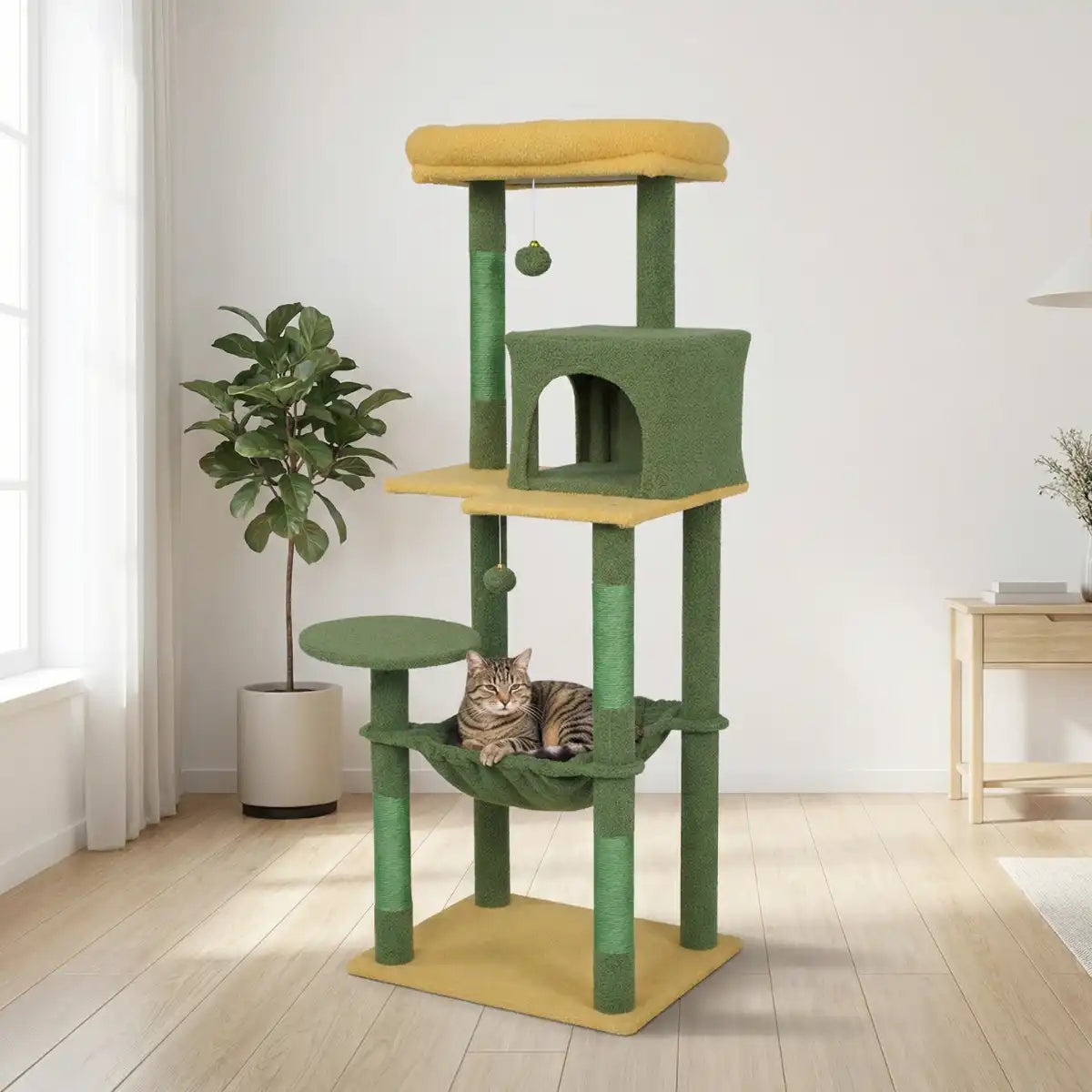 Kattklösbräda 143 cm – gömställe, hängmatta, gul/grön