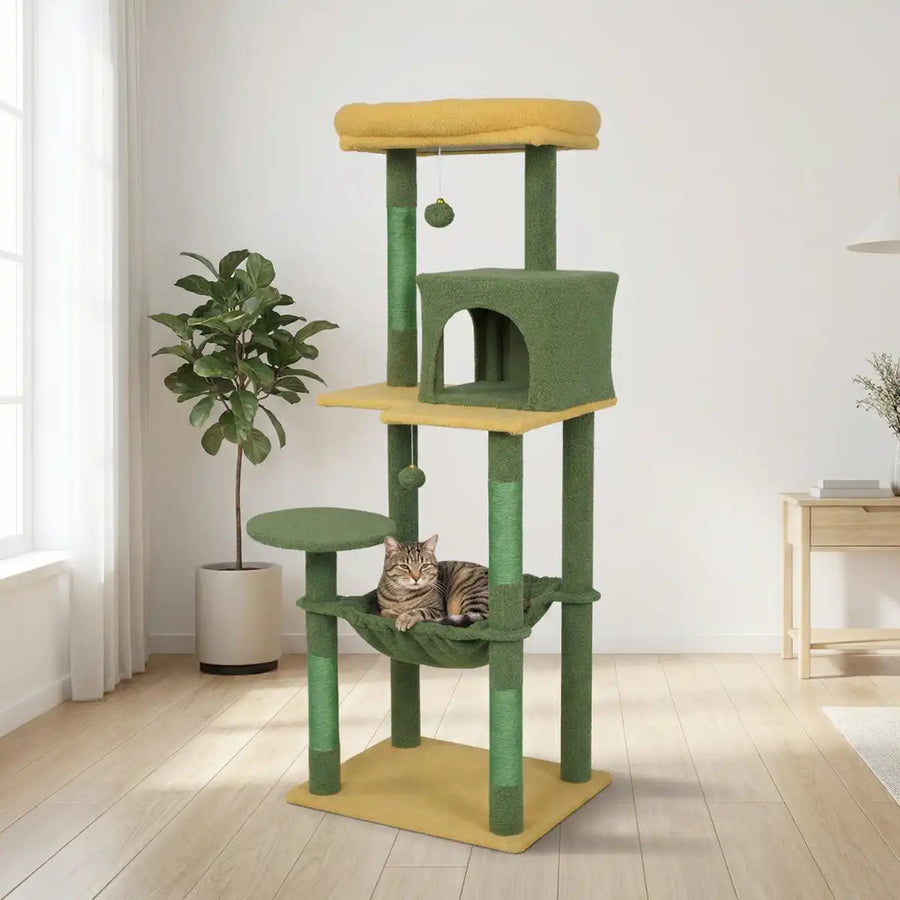 Kattklösbräda 143 cm – gömställe, hängmatta, gul/grön