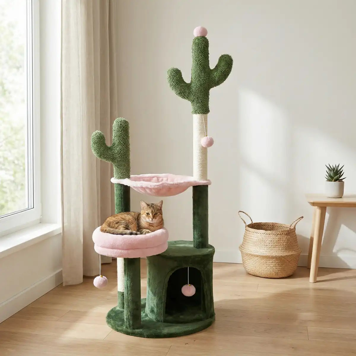 Pohjolan Lemmikkitarvike Kissan kiipeily-/raapimispuu 125 cm, Vihreä/Pinkki