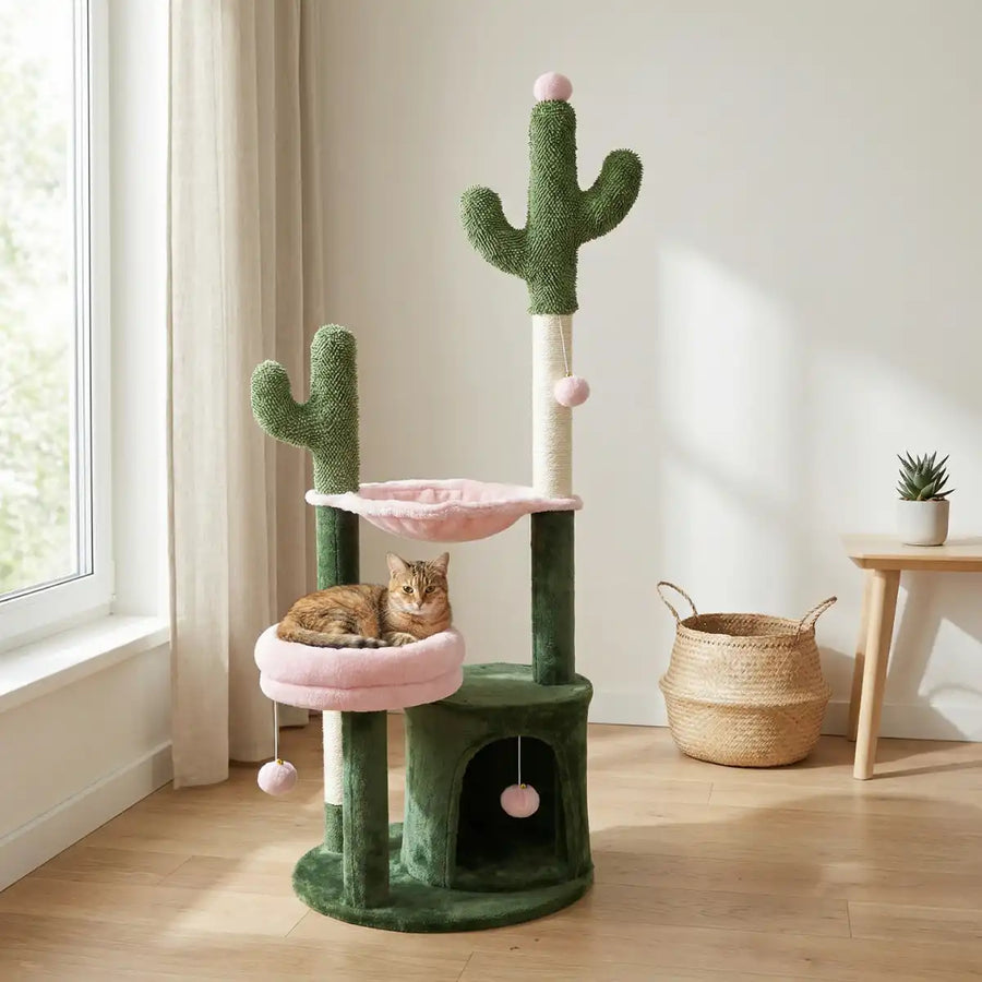 Kattklätterträd 125 cm – 3 nivåer, hängmatta, 2 sisalstolpar, grön/rosa