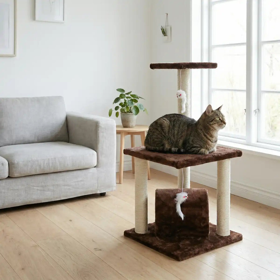 Kattklösträd 83 cm – grotta, 3 klösytor, mjuka ytor, brunt