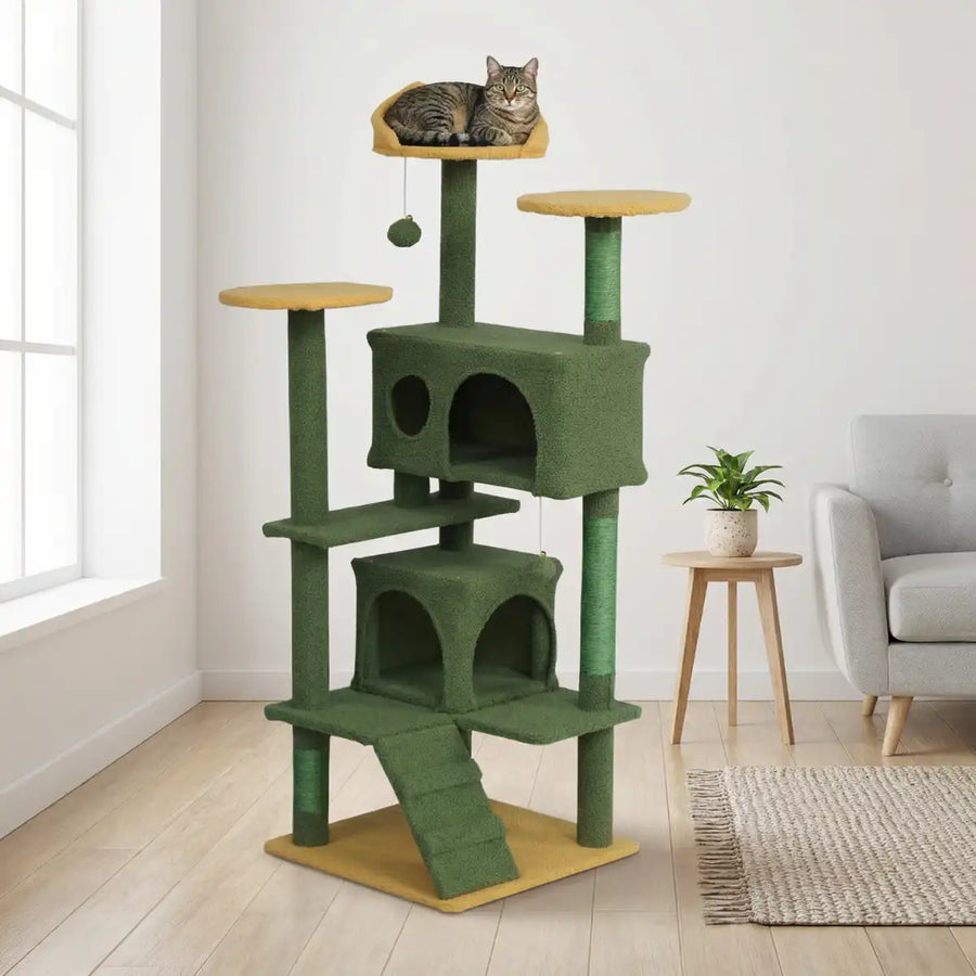 Kattklösbräda 139 cm – 2 hus, sisalstolpar, bollleksaker, gul/grön