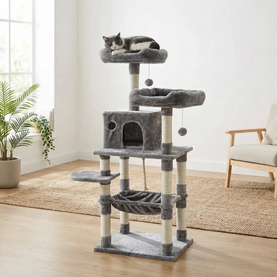 Klättringsträd för katt 143 cm – flera nivåer, gömställe, klättringsytor