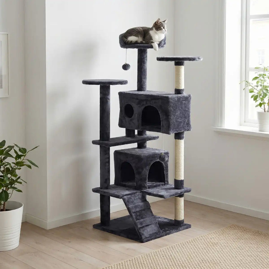 Kattklösbräda 139 cm – 2 hus, sisalstolpar, bollleksaker, grå