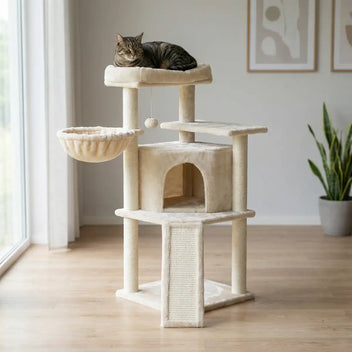 Kissan raapimispuu 106 cm – monitasoinen, riippupussi, 6,5 cm rungot, beige