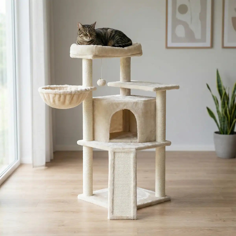 Kattklösbräda 106 cm – flervånings, hängande påse, 6,5 cm stolpar, beige