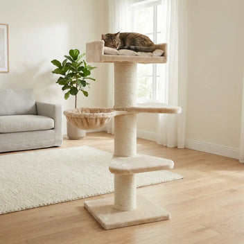 Raapimispuu isoille kissoille 155 cm – 20 cm tolppa, riippumatto, beige