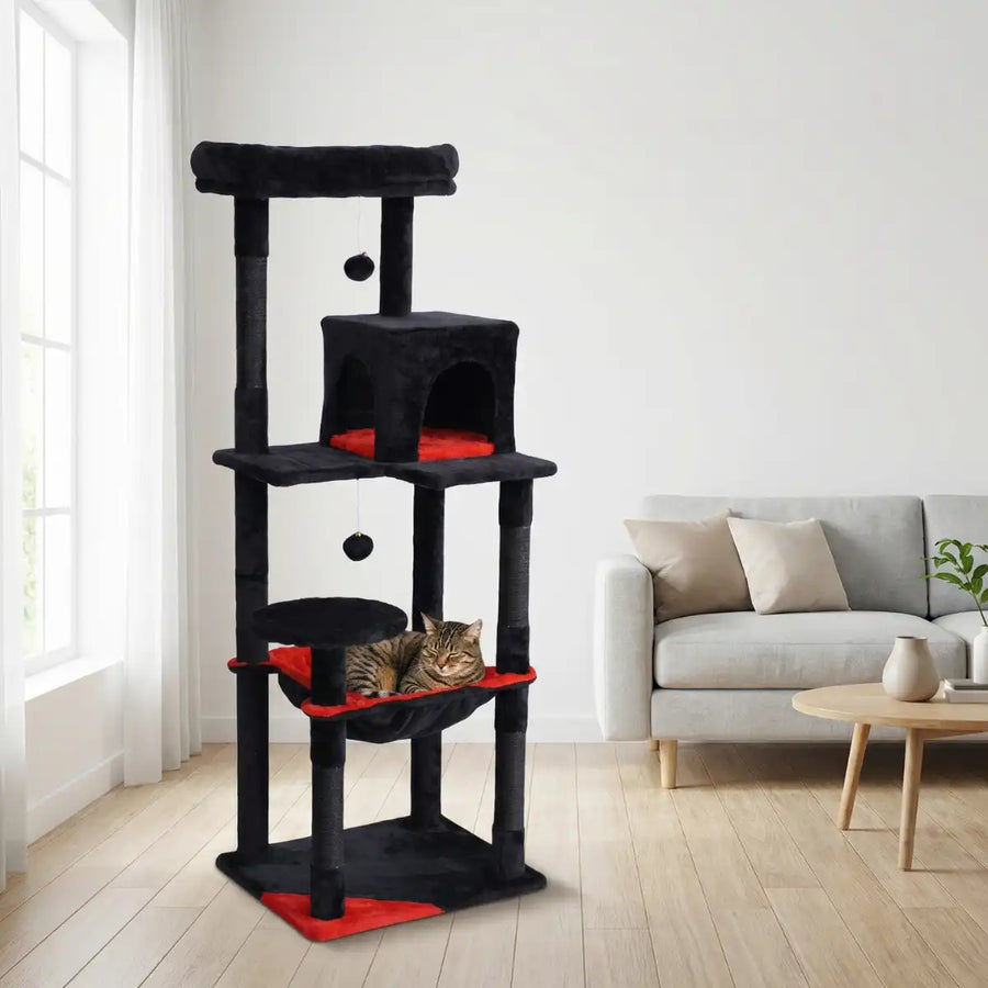 Kattklösbräda 143 cm – gömställe, hängmatta, svart/röd