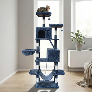 Kattklätterträd 206 cm – 2 koppar, 2 hängmattor, 6 nivåer