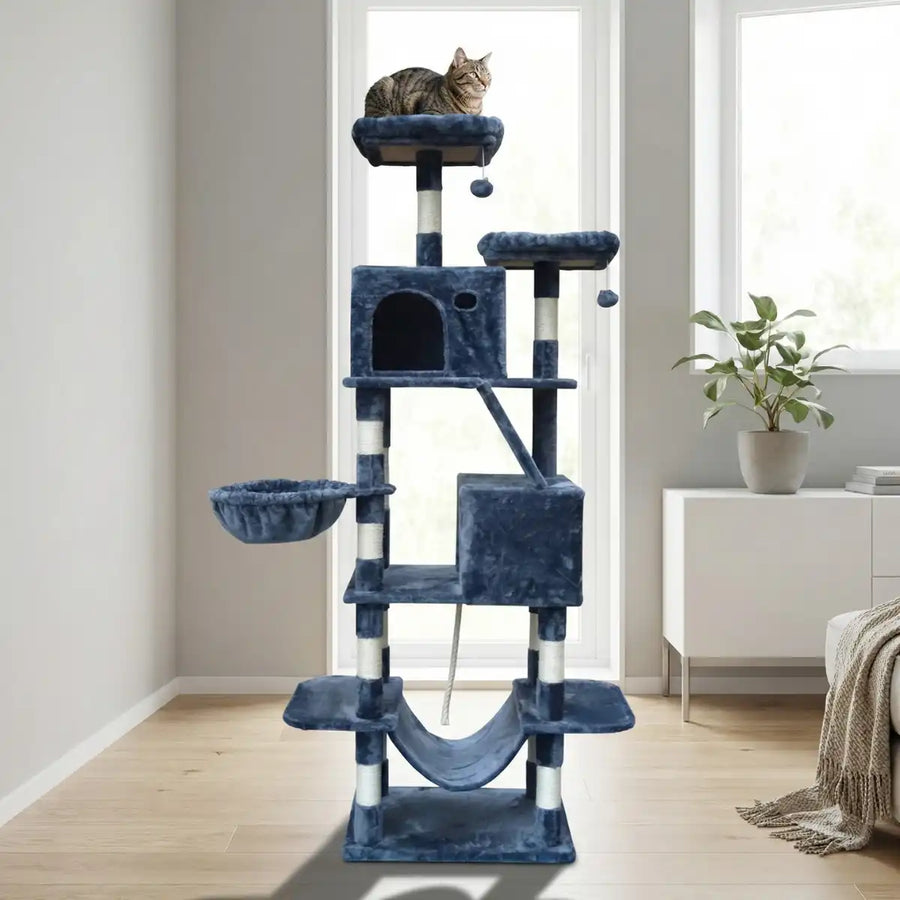 Kattklätterträd 206 cm – 2 koppar, 2 hängmattor, 6 nivåer